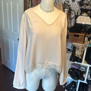 Lush Cream Blouse with Lace trim detail button and split lace trim down back szL